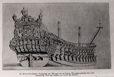 11323 Het admiraalschip van M.A. de Ruyter, de 'Zeven Provinciën'. Het schip had een bemanning van 492 koppen en voerde ...