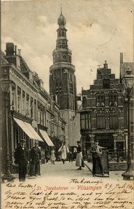 11481 'St. Jacobstoren - Vlissingen'. IJzeren Brug, hoek Bellamykade, Kerkstraat en St. Jacobstoren gezien vanaf de Bierkade