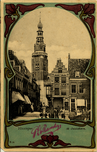 11581 'Vlissingen. St. Jacobstoren'. IJzeren Brug, hoek Bellamykade, Kerkstraat en St. Jacobstoren gezien vanaf de Bierkade