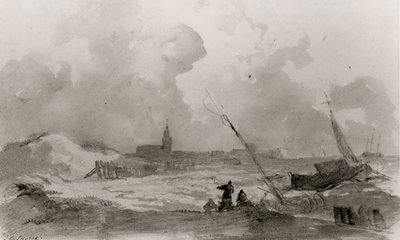 11608 Gezicht op Vlissingen vanaf de Nolle tijdens stormweer. Foto van een door de bekende zeeschilder J.C. Schotel ...