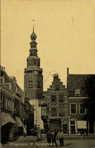 11643 'Vlissingen. St. Jacobstoren'. IJzeren Brug, hoek Bellamykade, Kerkstraat en St. Jacobstoren gezien vanaf de Bierkade