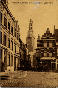 11796 'Vlissingen, Kerkstraat met herbouwde St. Jacobstoren' gezien vanaf het Bellamypark