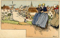 12414 'Vlissingen' Afbeelding van vrouwen in klederdracht op een dijk. Op de achtergrond een stadsgezicht