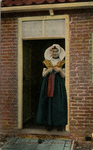 13422 'Zeeland' Zeeuwse vrouw in klederdracht staat in een deuropening