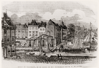 13554 Foto van een tekening gezien vanaf het Beursplein (voor 1894). Links op de voorgrond het oude Beursgebouw (anno ...