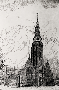 13842 Foto van een pentekening van de Sint Jacobskerk gezien vanaf de Oude Markt, van A.F. v.d. Pluijm, gemaakt in 1945.