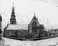 14056 Foto van een pentekening van de Sint Jacobskerk gezien vanaf de Schuitvlotstraat, van A.F. v.d. Pluijm, gemaakt ...