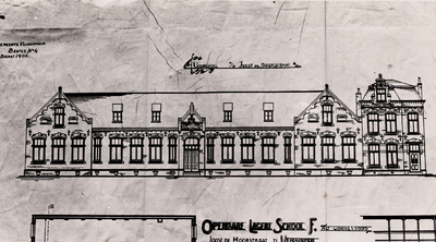 14098 Foto van een tekening van de voorgevel van de openbare lagere school F aan de Joost de Moorstraat, met rechts de ...