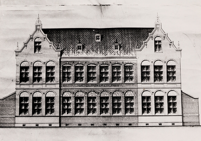 14099 Foto van een tekening van de gevel van de openbare lagere school aan de Grote Markt.