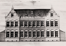14099 Foto van een tekening van de gevel van de openbare lagere school aan de Grote Markt.