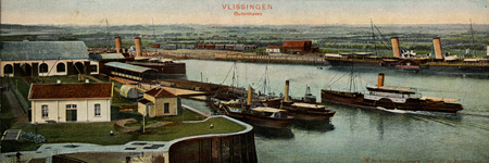 14309 'Vlissingen Buitenhaven'. Gezicht op de Buitenhaven van Vlissingen. Binnenkomst van het raderstoomschip Walcheren ...
