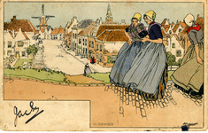 14329 'Vlissingen'. Afbeelding van vrouwen in klederdracht op een dijk. Op de achtergrond een stadsgezicht