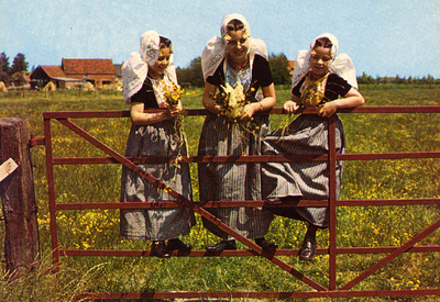 15259 'Zeeuwse Klederdracht'. Drie meisjes in bij een hek