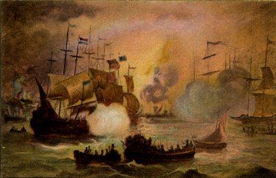 15758 'no.8. Tafereelen uit het leven van Michiel Adriaanszoon de Ruyter' 'Zeeslag tusschen Hr. Admiraal Michiel de ...