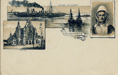 16149 'Vlissingen' (drie afbeeldingen) 1. 'Mailboot Mij. Zeeland' 2. 'Station' 3. Portretje van een vrouw in klederdracht