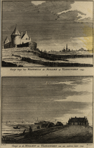 16241 'Gezigt langs het Wagthuis de Nollen op Vlissingen. 1743.'  'Gezigt op de Nollen en Vlissingen van van een ...