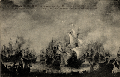 16576 'IV. Zeeslag bij Ter Heide op 10 Augustus 1653. De Ruijter met zijn schip 'Het Lam' in het heetst van 't gevecht. ...