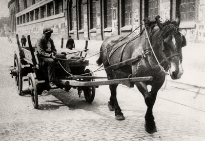 16863 Jan Kodde 16 jaar, met paard en wagen in de Walstraat. Jan Kodde werkte als knecht bij het slepersbedrijf van ...