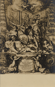 17053 'Zinneprent ter eere van M.A. de Ruyter. Op den voorgrond ligt de stervende held omgeven door 4 zinnebeeldige ...