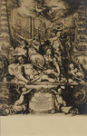 17053 'Zinneprent ter eere van M.A. de Ruyter. Op den voorgrond ligt de stervende held omgeven door 4 zinnebeeldige ...