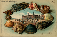 17313 'Groet uit Vlissingen. Grand Hôtel.' Grand Hotel des Bains omringd door schelpen (fantasiekaart)