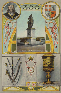 17555 Herdenkingskaart, vijf afbeeldingen. 'Admiraal de Ruijter', 'Wapen van De Ruijter', 'Standbeeld voor De Ruijter ...
