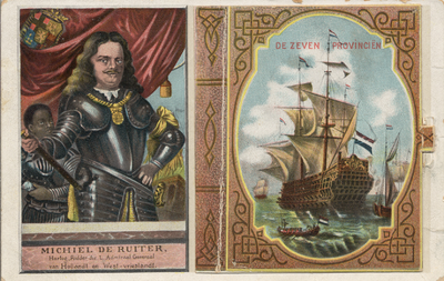 17704 Kaart met twee afbeeldingen in kleur: 1.portret van M.A. de Ruyter 2.het schip 'De Zeven Provinciën' Binnen in ...