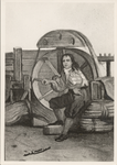 17889 M.A. de Ruyter. 'In een blauwgeruite kiel, draaide hij het grote wiel.' (steendruk)