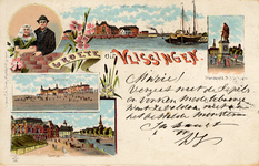 17901 'Groete uit Vlissingen' (vijf afbeeldingen) 1. 'Station met haven' 2. 'Standbeeld M.A. de Ruyter' 3. 'Badplaats' ...
