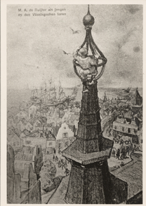 17981 M.A. de Ruyter als jongen op de St. Jacobstoren van Vlissingen (steendruk).