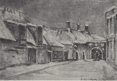 18252 'Korte Zelke met poortje van de Zeemanserve Potloodtekening naar olieverfschilderij uit 1918 J. Maes'