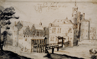 18282 'Wester-Souborch Ao.1613'. Afbeelding van het kasteel Aldegonde te West-Souburg met titel bovenaan. Pentekening, ...