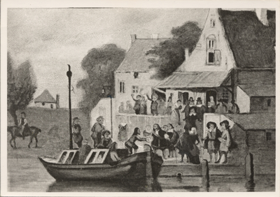 18380 Vertrek van M.A. de Ruyter met de trekschuit naar Texel om het opperbevel van de vloot te hernemen. (steendruk)