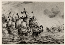 18389 Slag bij Duins, 8 okt. 1652 (tegen Blake, de Ruyter op de 'Henriette Louise'). Gravure