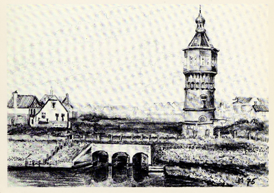 18401 Gezicht op de kleine Spuiboezem en de Badhuisstraat met watertoren. Naar een tekening of schilderij van J. Maes'