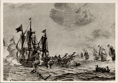18405 Slag bij Dungeness, 10 okt. 1652 (verovering van de Rosekrans). Gravure