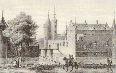 18428 'Het kasteel van Aldegonde te Wester Souburg in 1598.' Steendruk van C.W. Mieling naar een tekening van W.J. ...