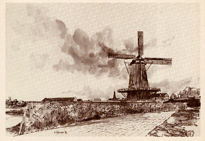 18433 'Vlissingen De Oranjemolen op het Oranjebolwerk' 'Ronde stenen bovenkruier met stelling uit ca 1650 Een kogel in ...