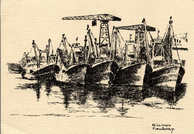 18438 Gezicht op de vissersvloot en de kranen van de Kon. Mij. de Schelde. Naar een tekening van F. van Dokkum.