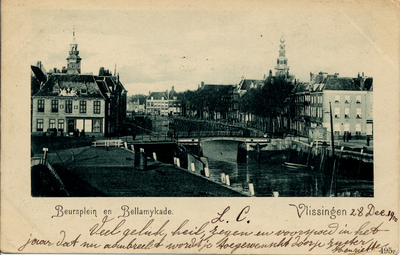 18511 'Beursplein en Bellamykade' Van l. naar r.: Beursgebouw, Smalle Kade, Koopmanshaven en Bellamykade. Op de ...