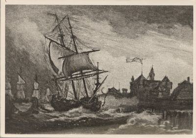 18547 Het doorvaren van de ketting bij de tocht naar Chatham in 1667 (steendruk).