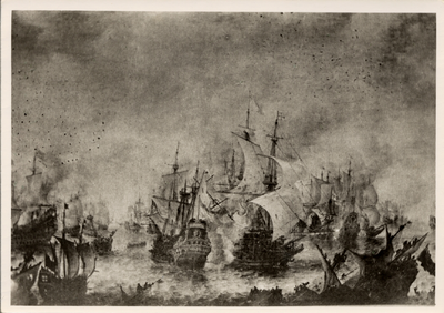 18614 Zeeslag bij Ter Heide, 10 aug. 1653. Foto reproduktie naar een schilderij van J.A. Beerstraten. (Rijksmuseum, ...