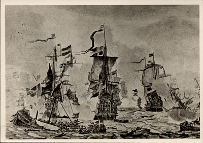18632 Zeeslag in de Sont, met Wassenaer en Witte de With. Foto reproduktie naar een schilderij van W. v.d. Velde de ...
