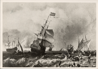 18707 M.A. de Ruyter op het oorlogschip 'Hollandia', 1665. Foto reproduktie naar een schilerij van Ludolf Backhuysen ...