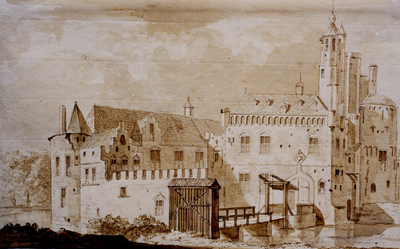 18880 Afbeelding van het kasteel Aldegonde te West-Souburg. Pentekening, gewassen in O.I. inkt, door A. de Haen, 1729. ...