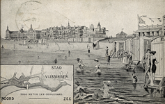 19087 'Stad Vlissingen 2000 meter zee-boulevard Noord Zee'Badstrand met badkoetsen en Boulevard Evertsen.