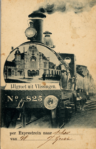 19092 'IJlgroet uit Vlissingen.' 'per Exprestrein naar...... van.....' Trein met op de locomotief een afbeelding van ...