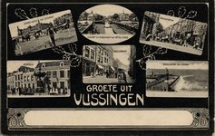 19213 'Groete uit Vlissingen' (6 afbeeldingen) 1. 'Grand Hotel met strand' 2. 'Gezicht op Eigenhulp en Hotel Goes' 3. ...