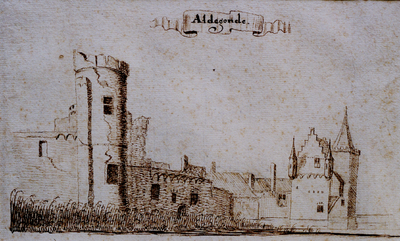 19611 'Aldegonde', afbeelding van het kasteel Aldegonde te West-Souburg, met titel bovenaan. Pentekening door C. van ...