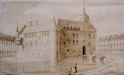 19614 Afbeelding van het kasteel Aldegonde te West-Souburg. Tekening, gewassen in O.I. inkt door A. de Haen, 1729. ...